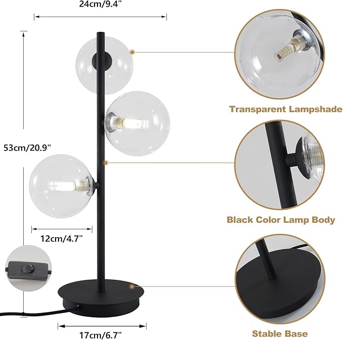 3-Light Black Table Lamp, Mid Century Nightstand Lamp with Clear Glass Globe Shade, Contemporary Bedside Lamp for Bedroom Living Room Study Room