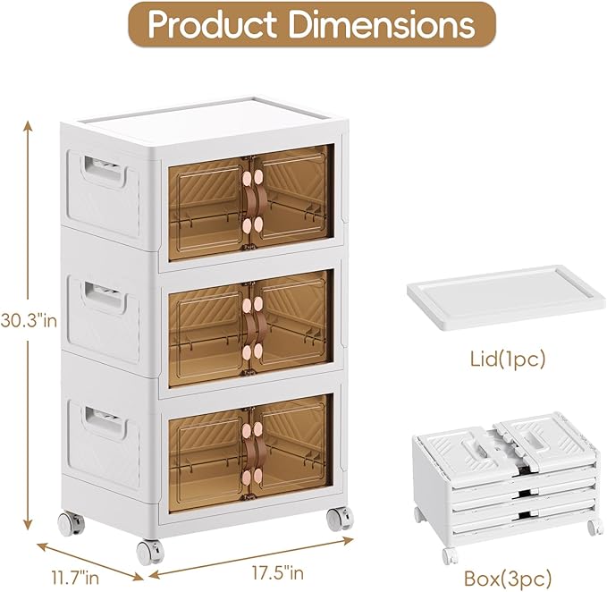 JEKO&JEKO 247Qt Stackable Storage Bins with Lids and Wheels, Foldable Collapsible Plastic Boxes for Clothes, Home, White, 7Pack