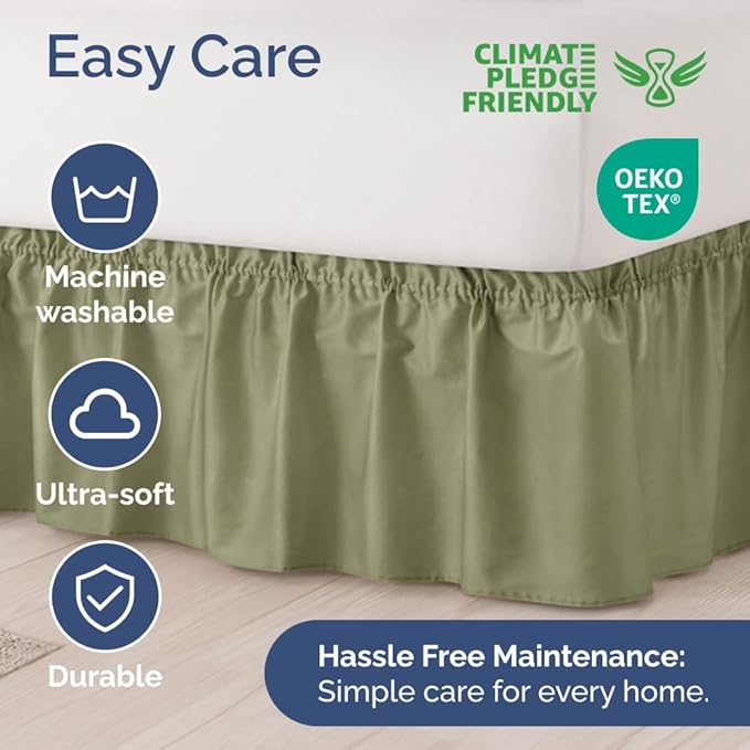 Wrap Around Dust Ruffle Bed Skirt - Sage Green - Twin/Twin XL Size Beds with 21 Inch Drop - Elastic Strap - Adjustable Pleated Bedskirt with Brushed Fabric and Wrinkle Free - Women, Men, Kids & Teens