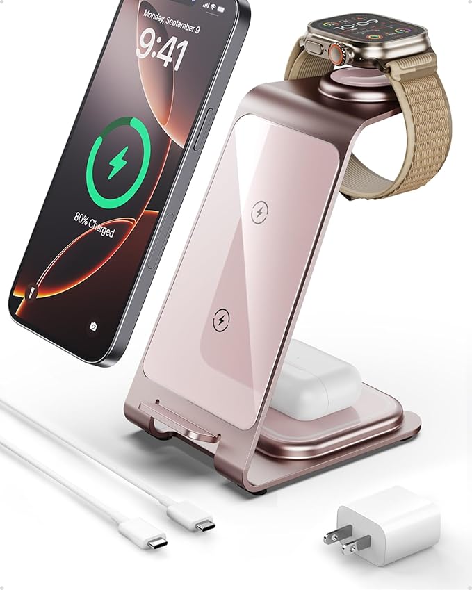 Intoval Aluminum 3 in 1 Wireless Charging Station for iPhone 17 16 15 14 13 12 11 Pro Max XR, Wireless Charger for Apple Watch 11 10 9 8 7 Ultra SE 3 2, Phone Charger for AirPods 4 Pro 2 3 (Pink)