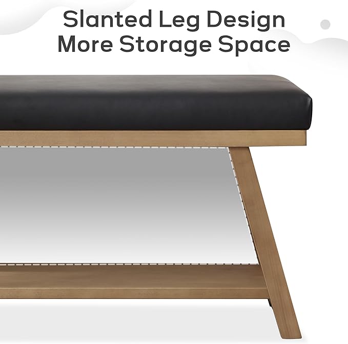 45" Entryway Bench Upholstered Storage Bench for Bedroom Shoe Rack Bench for Living Room, Hallway, Mudroom, Balcony, Sturdy Indoor Bench Seat Holds Up to 300 lbs (PU-Black)