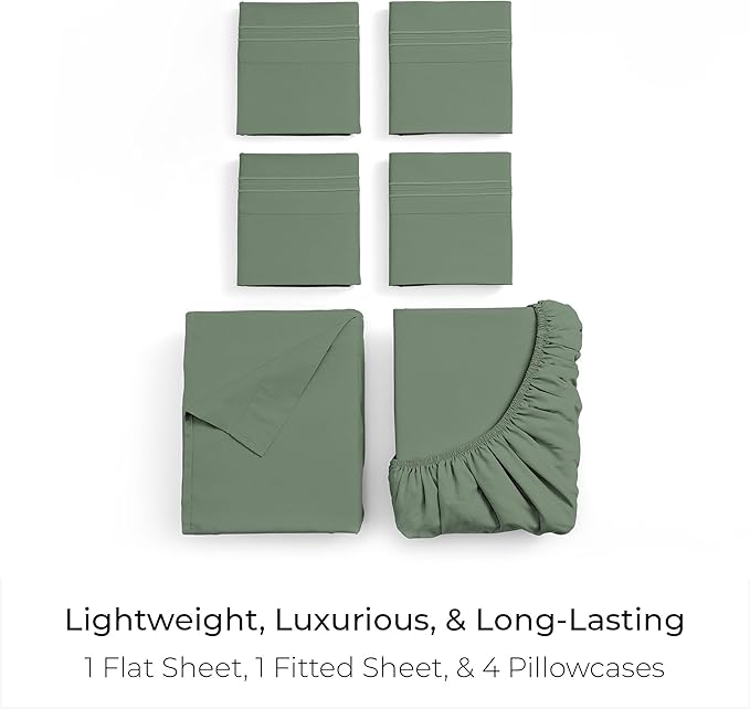 Mellanni King Sheet Set - 6-Piece Iconic Collection Bedding, (Including 4 Pillowcases), 21-Inch Extra Deep Pocket, Easy Care, Ultra Soft, Cooling Sheets, Brushed Microfiber - Sage