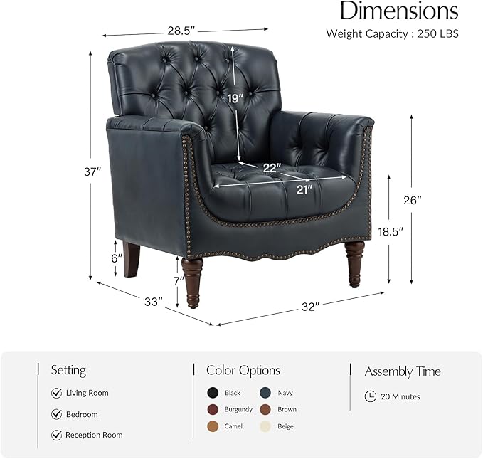HULALA HOME Mid Century Modern Leather Club Chairs, Top-Grain Genuine Leather Armchairs with Button-Tufted Back & Solid Wood Legs, Accent Chairs for Living Room/Bedroom/Home Office, Navy