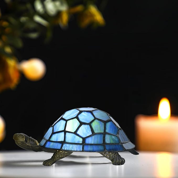 A0020 Turtle Tiffany Style Accent Table Lamp Handmade Stained Glass Animal Night Light for Bedside Livingroom Bedroom Home Decoration (Blue Turtle)