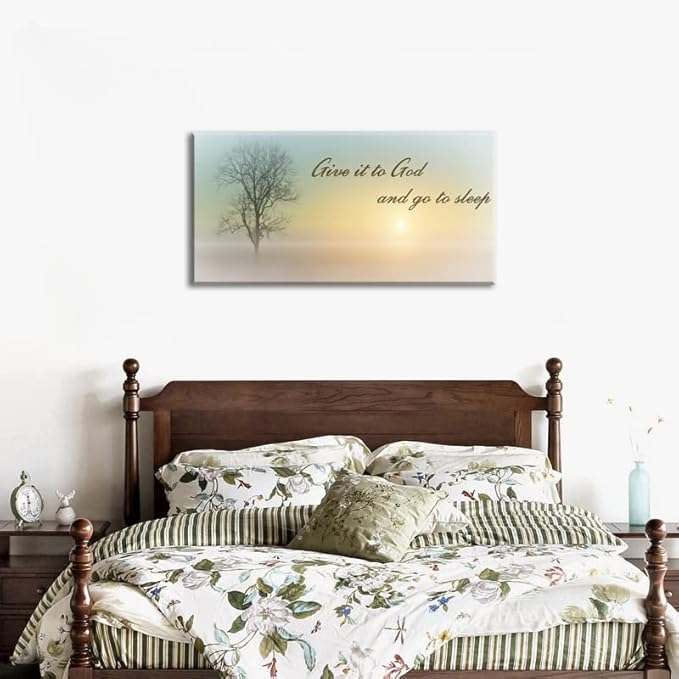Misty Sunset & Tree Plant Picture For Bedroom Above Bed,Large White Country Wood Sign For Bathroom Canvas Wall Art,Give It To God And Go To Sleep Artwork Decor,Gallery Wrapped Gift,Inner Frame(24x48)