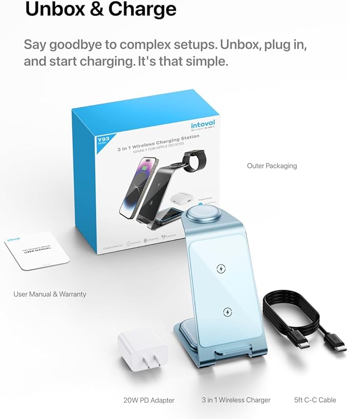 Intoval 3 in 1 Wireless Charging Station for iPhone 17 16 15 14 13 12 11 Pro Max X XS XR, Aluminum Unibody Wireless Charger for Apple Watch 11 10 9 8 7 Ultra SE 3 2, for AirPods 4 Pro 2 3 (Blue)