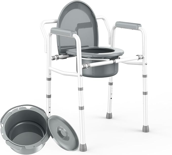 ZOLIQUEX 3 in 1 Bedside Commodes Chair for Seniors with Arms, Portable Width 21.5'' Steel Potty Chair for Elderly Adults with 5 Adjustable Height, Supports Up To 350lb, 6QT Bucket, Tool-Free Assembly
