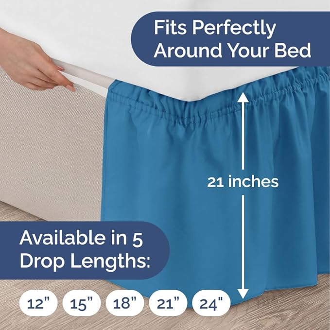 Wrap Around Dust Ruffle Bed Skirt - Denim Blue - for Queen Size Beds with 21 Inch Drop - Elastic Strap - Adjustable Pleated Bedskirt with Brushed Fabric and Wrinkle Free - For Women, Men, Kids & Teens