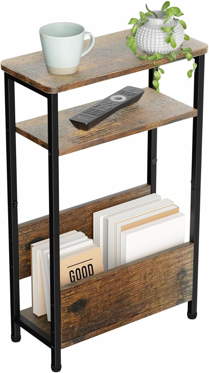 THUMEYE 7.1" Narrow Side Table for Small Spaces, 3 Tier Small End Table with Magazine Holder, Slim/Skinny Nightstand/Bedside Table for Living Room, Bedroom, 15.4" L x 24.2" H