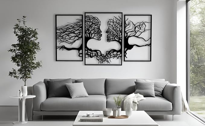 VAILLA Tree of Life Wall Wooden Art Abstract Tree Man Woman Face Large 3D Wooden Wall Decor Set of 3 Hanging Sculpture Modern Home Decoration 3D Textured Sculptures for Living Room Bedroom Office Dinnig Room
