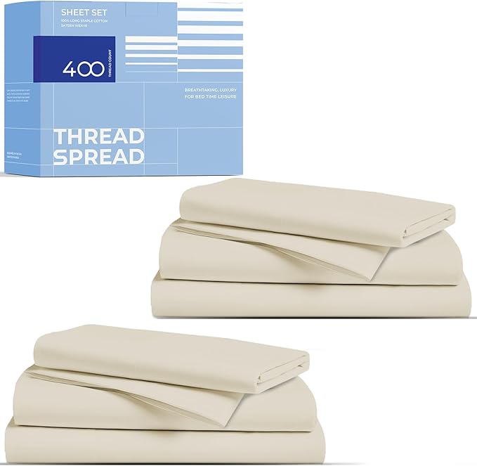 THREAD SPREAD 2-Pack Twin XL Sheet Sets Cotton - 400 Thread Count 100% Cotton Sateen Weave - Soft, Breathable, Hotel Quality Cooling Sheets, 2 Sets of Twin XL Size Deep Pocket Bed Sheets (Ivory)