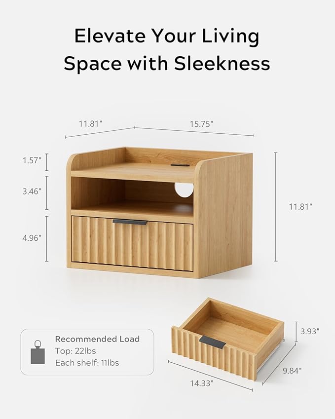 Fluted Floating Nightstand Set of 2, Wall Mounted Bedside Table with Storage Drawer and Open Shelf, Night Stand with Charging Station for Living Room, Bedroom, Dorm, Natural Oak
