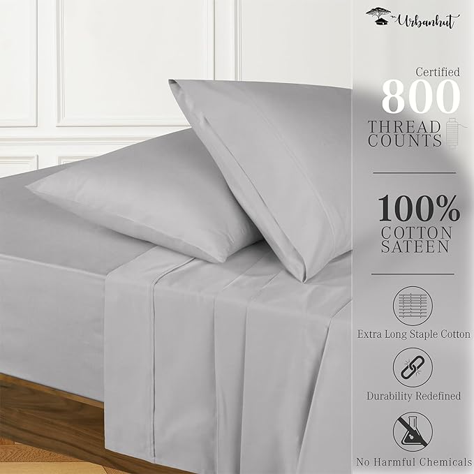 URBANHUT 800 Thread Count 100% Cotton King Size Sheets, Luxury 4 Piece King Bedsheets, Hotel Sheets Sateen Finish - Better Than Egyptian, 16" Elasticized Deep Pocket - Silver Grey