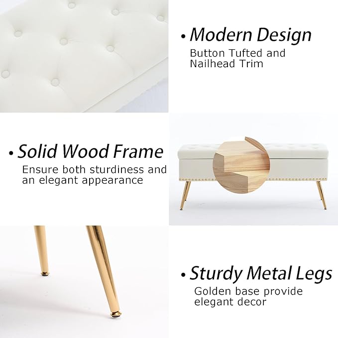 Velvet Storage Bench with Gold Legs& Nailhead Trim, 46" Wide Upholstered Modern Bedroom Bench for End of Bed, Tufted Ottoman for Entryway Living Room Dining Room (Ivory White, 46" Wide)