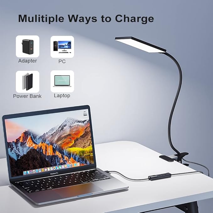 LED Desk Lamp with Clamp for Home Office, Dimmable Clip on Desk Light with USB Port, 3 Color Modes 11 Brightness Flexible Reading Lamp for Studying Working, Black