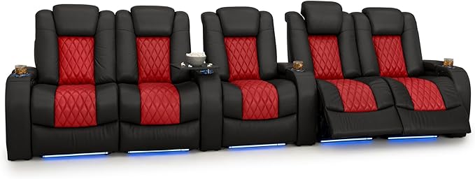 Seatcraft Diamante Zero-Gravity CoolZero Italian Leather Home Theater Seating, Power Headrest, Power Recline, Row of 5 Dual Loveseats, Black/Red