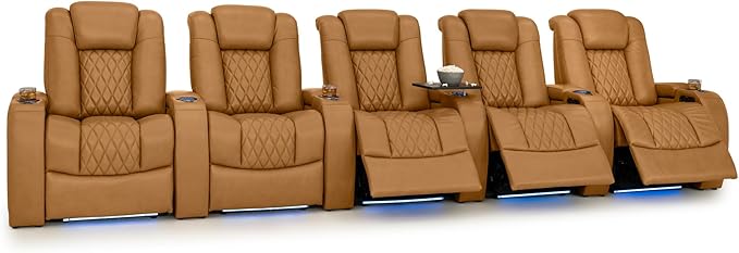Seatcraft Diamante Zero-Gravity CoolZero Italian Leather Home Theater Seating, Power Headrest, Power Recline, Row of 5, Tan Oak