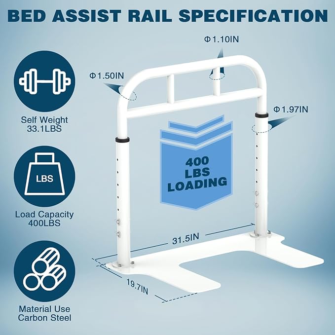 THOOUM Bed Rail for Elderly Adults Safety, Heavy Duty Bed Rail with 6 Adjutsable Heights, Bed Assist Rail for Seniors, Twin, Queen, King Size Bed (400 LBS Loading, White)