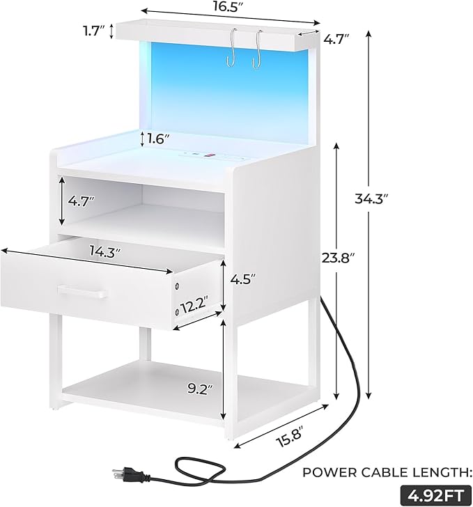 VIAGDO Nightstand Set of 2 with Charging Station and LED Lights, White Night Stand with Drawer, Modern End Side Table with Open Storage Shelves, Bedside Tables for Bedroom, Office