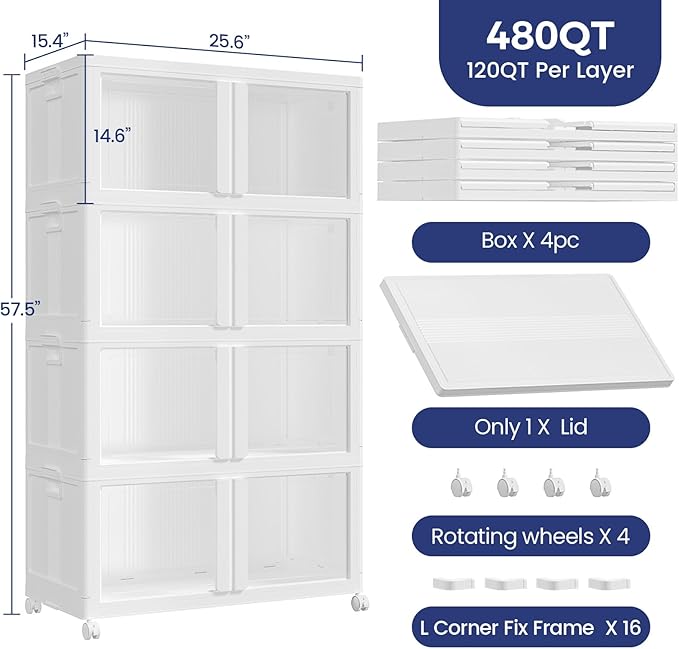 120GAL Large Stackable Storage Bins with Lid and Wheels, 480Qt Collapsible Organizer Cabinet with Clear Door, for Closet, Bedroom, Kitchen, Garage, 4-Pack White
