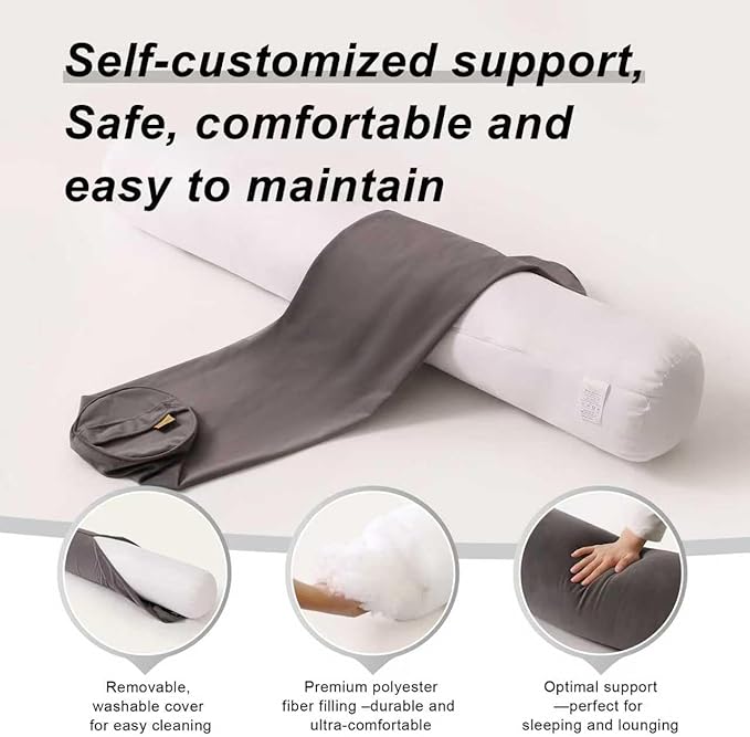 Long Pillow for Bed – Round Bolster Pillow for Adults, Body Pillow for Sleeping, Ergonomic Support,59 x 7.87 Inches,Steel Gray