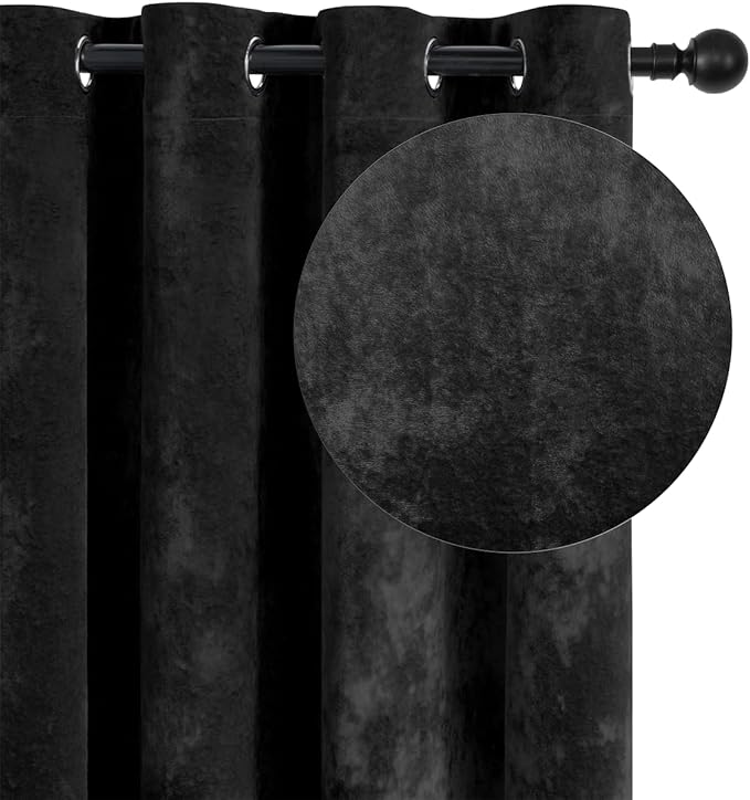 SMILETIME Black Crushed Velvet Curtains 52x108 inch Luxurious Thermal Insulated Soundproof Drapes for Living Room Bedroom Office Soft and Durable Light-Filtering Window Treatments, 2 Panels