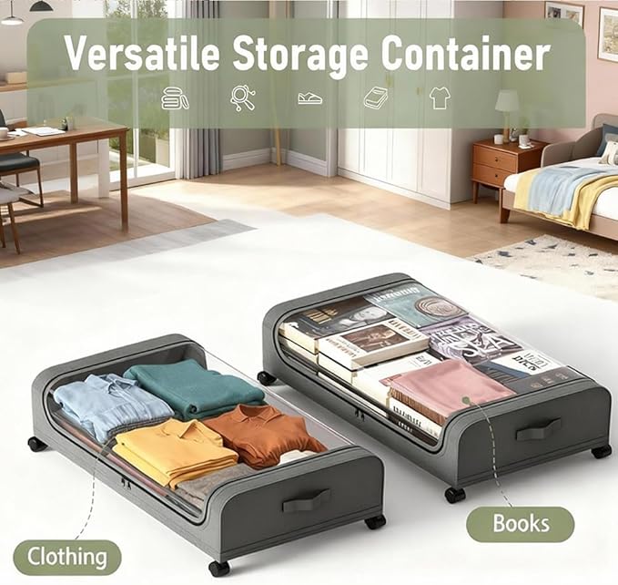 Under Bed Storage with Wheels, 6.7'' Tall Underbed Storage Containers with Lids - Rolling Bins for Shoes Clothes Blankets (Grey, 2-Pack XXL)
