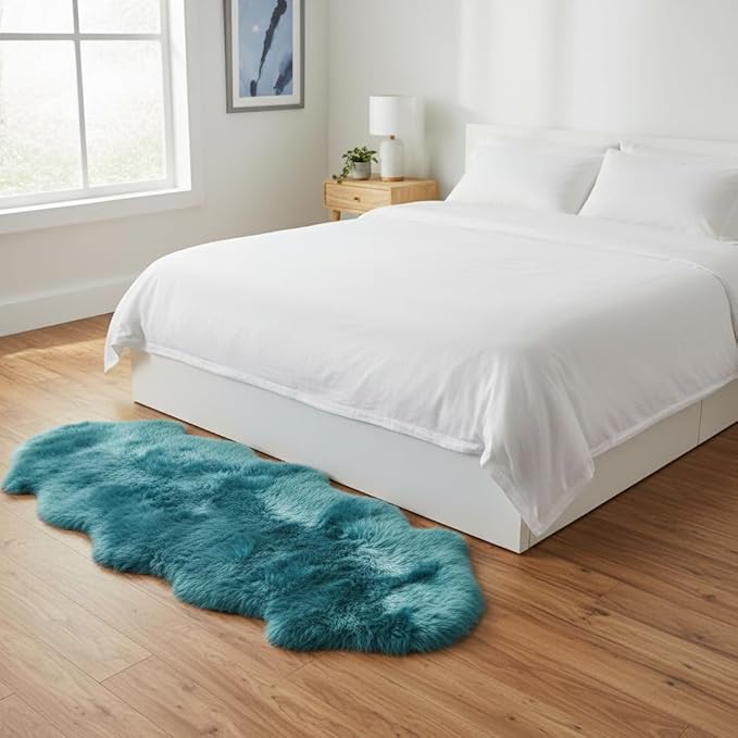 Premium Genuine Sheepskin Rug 2' x 6' Long Fur Soft & Natural Bedside Area Rug, Beach Blue, Double Pelt