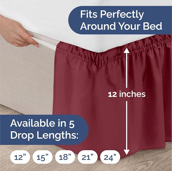 Wrap Around Dust Ruffle Bed Skirt - Burgundy - for King Size Beds with 12 Inch Drop - Easy Fit Elastic Strap - Adjustable Pleated Bedskirt w/Brushed Fabric Wrinkle Free - for Women, Men, Kids & Teens