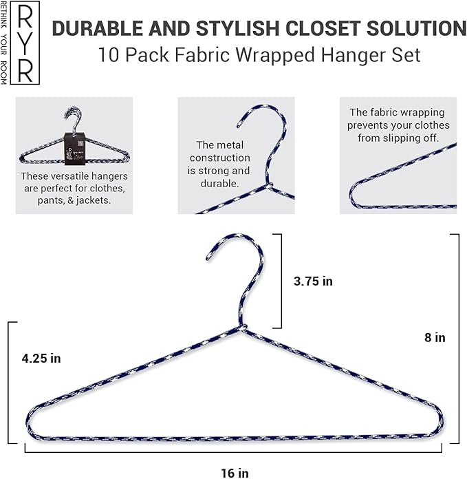 Clothes Hangers 30 Pack Stylish Fabric Wrapped Metal, Space Saving Coat, Velvet, Pant Hangers for Closet Organization, Durable Non-Slip, Navy/White Wardrobe Essentials Bulk Storage