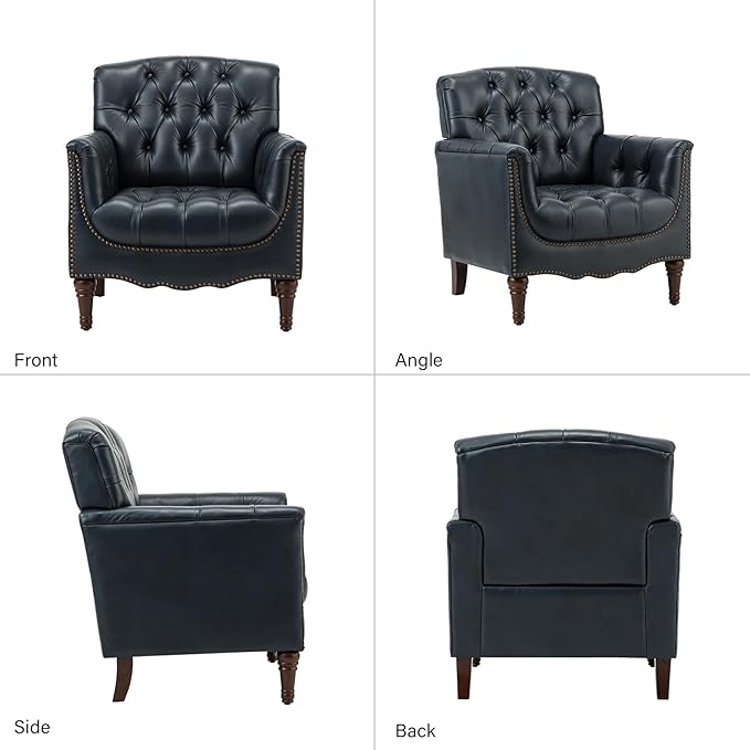HULALA HOME Mid Century Modern Leather Club Chairs, Top-Grain Genuine Leather Armchairs with Button-Tufted Back & Solid Wood Legs, Accent Chairs for Living Room/Bedroom/Home Office, Navy