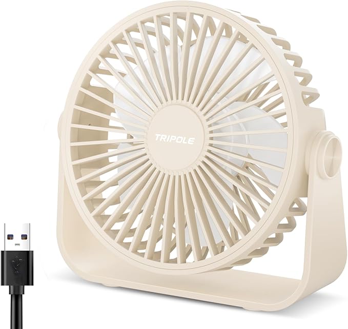 TriPole USB Desk Fan Portable Mini Fan Powerful 3 Speeds Wind Personal Desktop Fan with 360° Head Rotation for Home Office Car Indoor Outdoor Beige, No Battery, 4.5 Inches