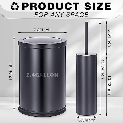 Maxdot 2 Pcs Black Bathroom Trash Can with Flipping Lid 2.4 Gallon/9 L and Toilet Brush Set, Small Stainless Steel Garbage Trash Can Toilet Cleaner Brush Wastebasket Bin for Bathroom Bedroom Office