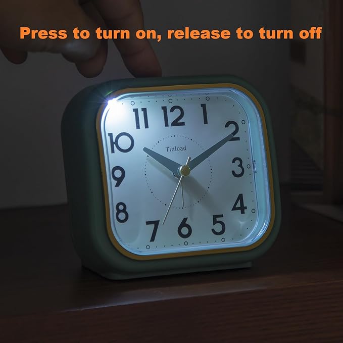 4.3" Retro Analog Alarm Clock • Silent Non Ticking • Gentle Wake • Beep Sounds • Increasing Volume • Battery Operated Snooze and Lighted on Demand • Retro Green