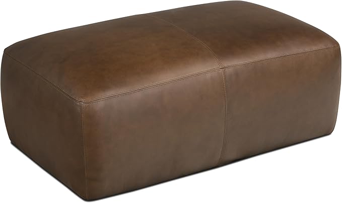 Poly & BARK Denver Ottoman – 43" Large Pouf with Feather-Down Topper – Full-Grain Leather Upholstered Pouf Ottoman for Living Room – Vintage Italian Leather in Cocoa Brown