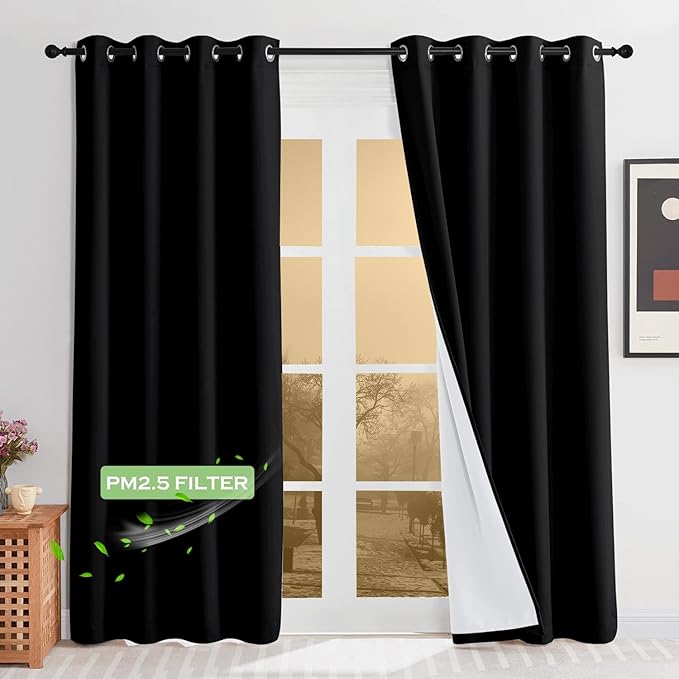 KGORGE Anti Dust Soundproof 100% Blackout Curtains 4 Layers Heavy Duty Energy Efficiency Window Curtains for Living Room Baby Bedroom Home Office Studio, Wide 52 x Long 95 inches, Black, 2 Panels