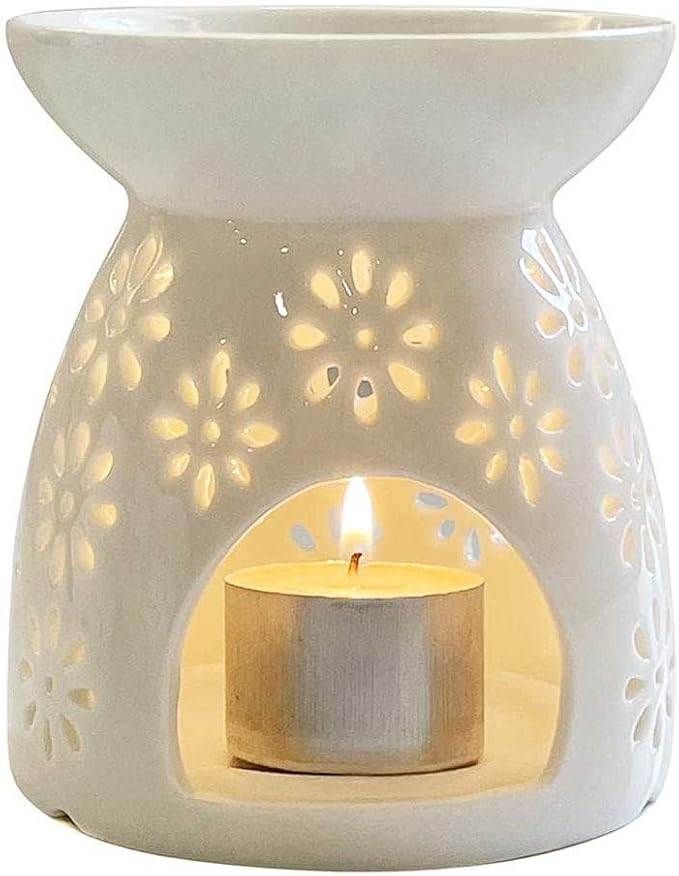 Ceramic Tea Light Holder, Aromatherapy Oil Burner, Wax Warmer, Tealight Holder with White Floral Pattern for Valentine's Day Gift