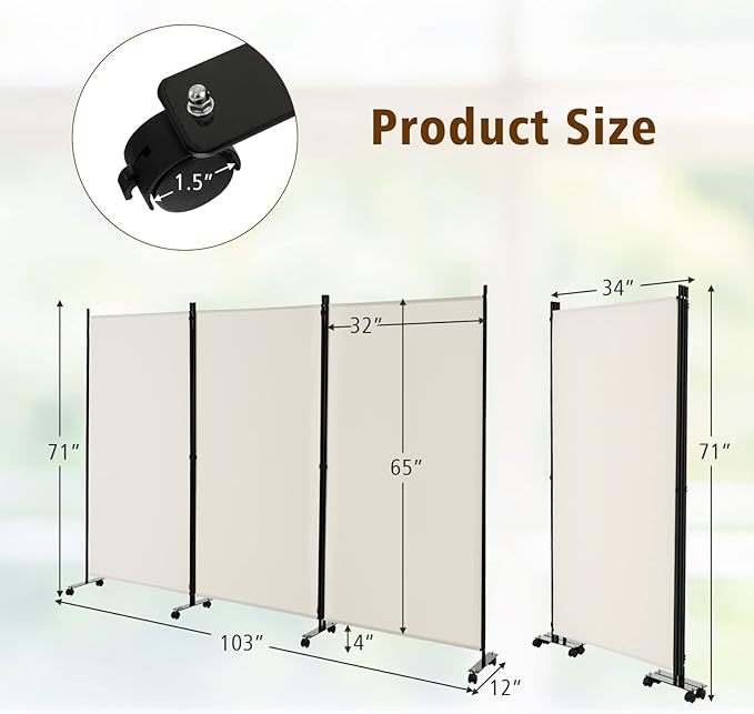 GOFLAME 3 Panel Folding Room Divider, 6FT Rolling Privacy Screen with Lockable Wheels, Portable Room Partition Screen, Freestanding Wall Divider and Separator for Home Office, White