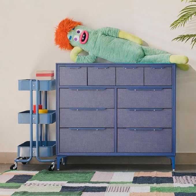Naima Premium Fabric Dresser - Strong Metal Frame, 10 Spacious Sag-Proof Drawers with Sleek Metal Handles - Premium & Durable Storage Solution for Your Home (Navy)