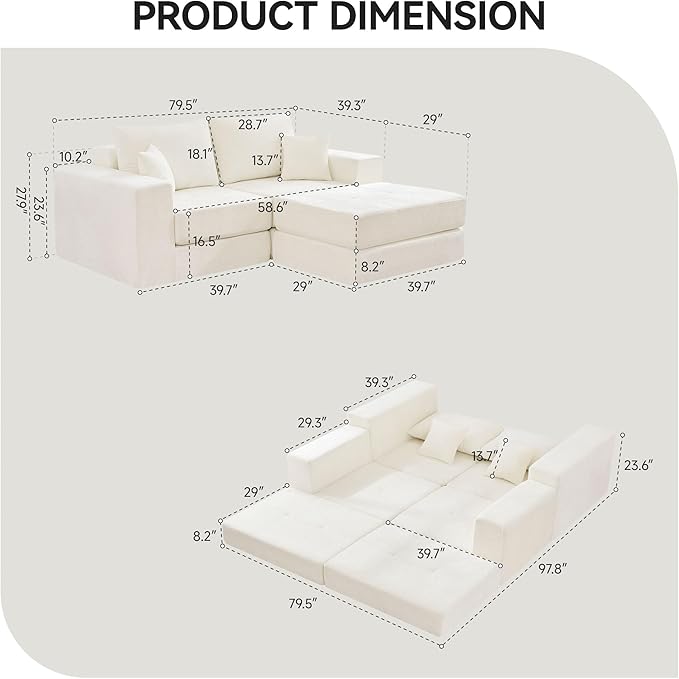 Boneless Sectional Loveseat Couch with Ottoman, Convertible Tufted Button Modular Floor Sleeper Sofa Bed, Comfy Foldable Compression Love Seat Sofa for Living Room, No Assembly, Beige