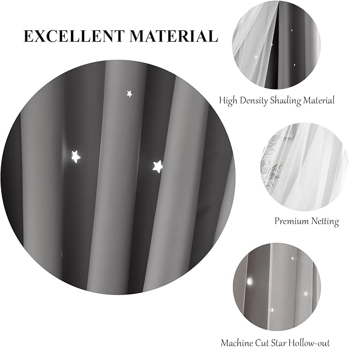 Star Curtains Blackout Curtains for Bedroom, Kids Room Curtains Nursery Curtains Double Layer Curtains, Kids Curtains for Boys, 84 Inch Curtains 2 Panel Set, Grey Curtains, 52 X 84 Inches