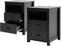 Black Rustic Night Stand Set of 2, Farmhouse End Table, Modern Bedside Table with 2 Storage Drawers and Open Shelf, Tall Nightstand for Bedroom