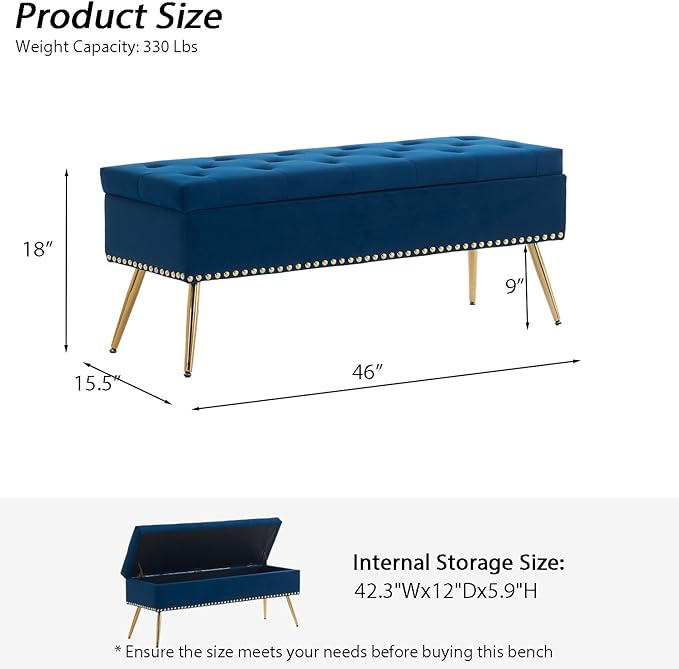Velvet Storage Bench with Gold Legs& Nailhead Trim, 46" Wide Upholstered Modern Bedroom Bench for End of Bed, Tufted Ottoman for Entryway Living Room Dining Room (Navy Blue, 46" Wide)