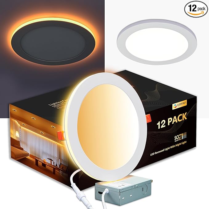 CycevSun 12 Pack 8 Inch LED Recessed Lighting with Night Light, Canless Wafer Downlight Ultra Thin, Dimmable & 5CCT Selectable, 15W, 1350LM, ETL, 120-277V, 8.2Inch Cutout