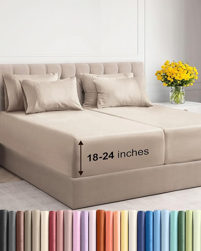 Extra Deep Split King Sheet Set - 7 Piece Breathable & Cooling Sheets - Hotel Luxury Bed Sheets Set - Easy & Secure Fit - Soft, Wrinkle Free & Comfy Sheets Set - Wheat Sheet Set w/Extra Deep Pockets