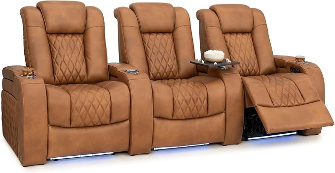 Seatcraft Diamante Zero-Gravity CoolZero Italian Leather Home Theater Seating, Power Headrest, Power Recline, Row of 3, Tawny