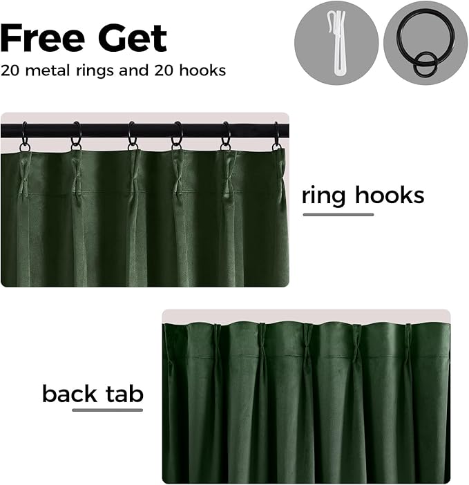 Pinch Pleated 100% Blackout Curtains for Bedroom, Olive Green Velvet Curtains for Living Room, Black Out Curtain 90 inch Long Room Darkening, Blackout Pinch Pleat Drapes with Hooks 2 Panels