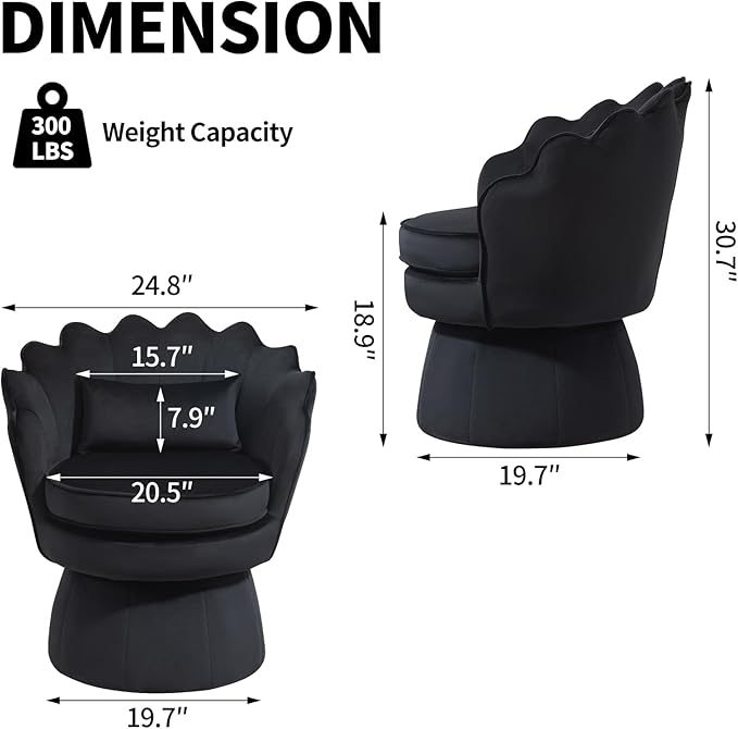 360° Swivel Accent Chair, Mid-Century Modern Velvet Barrel Chair, Comfy Shell Shape Arm Chair with Lumbar Pillow for Living Room, Bedroom, Office, Black