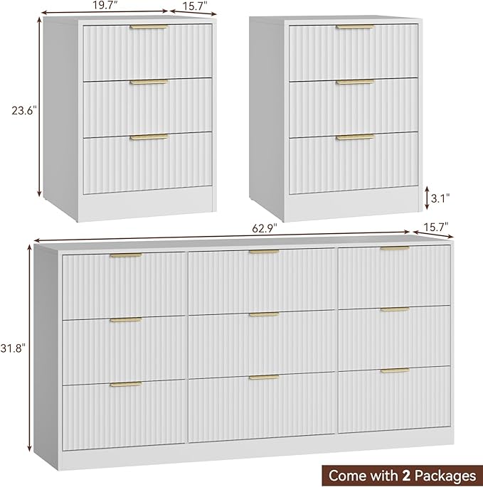 9 Drawer Fluted Dresser & Nightstand Set 3-Piece, 63” Long Dresser and Night Stand Set of 2, Fluted Modern Wood Chest of Drawers Storage Dressers Set for Bedroom, White