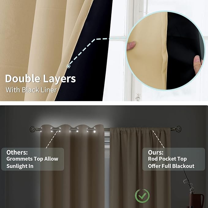 BGment Thermal Insulated 100% Blackout Curtains for Bedroom with Black Liner, Double Layer Full Room Darkening Noise Reducing Rod Pocket Curtain (52 x 84 Inch, Beige, 2 Panels)